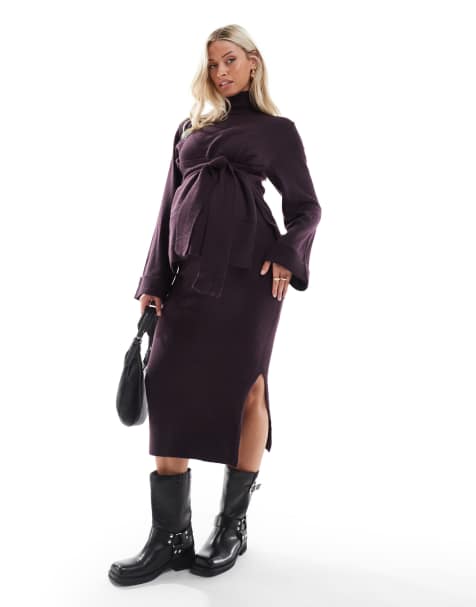 Mamalicious maternity knitted over the bump ankle length skirt co-ord in plum