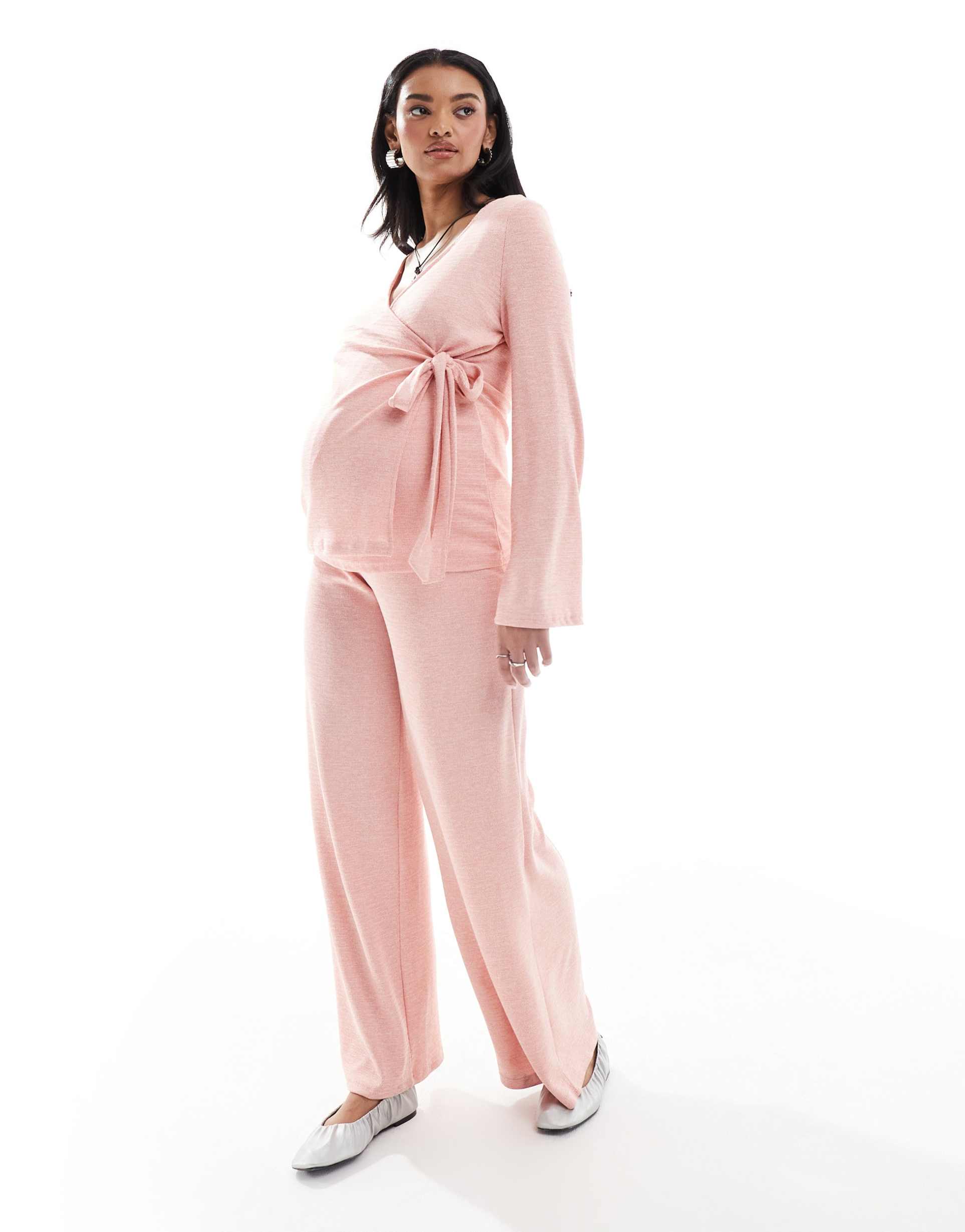 mamalicious maternity slubby jersey wide leg pants in rose pink - part of a set