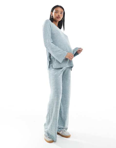 Mamalicious Maternity slubby knit top and trouser co-ord in pale blue melange - view 1