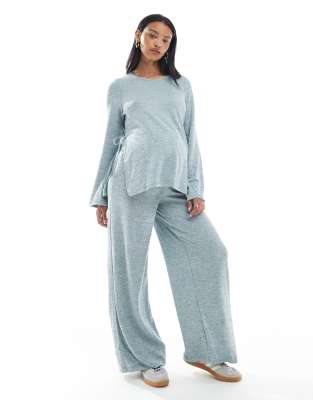 Mama.licious Mamalicious maternity slubby knit wide leg trouser co-ord in pale blue melange
