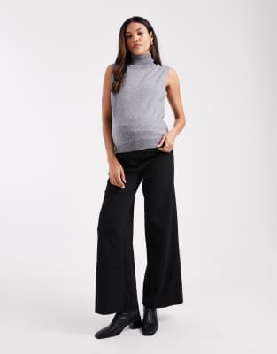 Mama.licious Mamalicious Maternity smart wide leg trousers in black and grey pinstripe