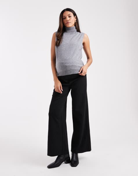 Mamalicious Maternity smart wide leg trousers in black and grey pinstripe - view 1