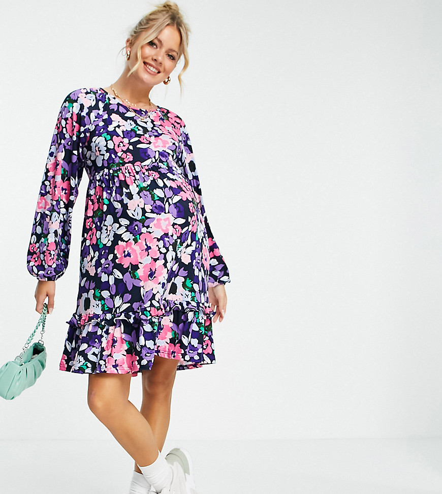 Mamalicious Maternity smock dress in bright floral-Navy