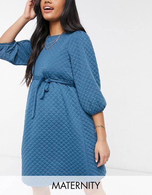 Mamalicious Maternity smock dress with puff sleeve and quilting detail in blue