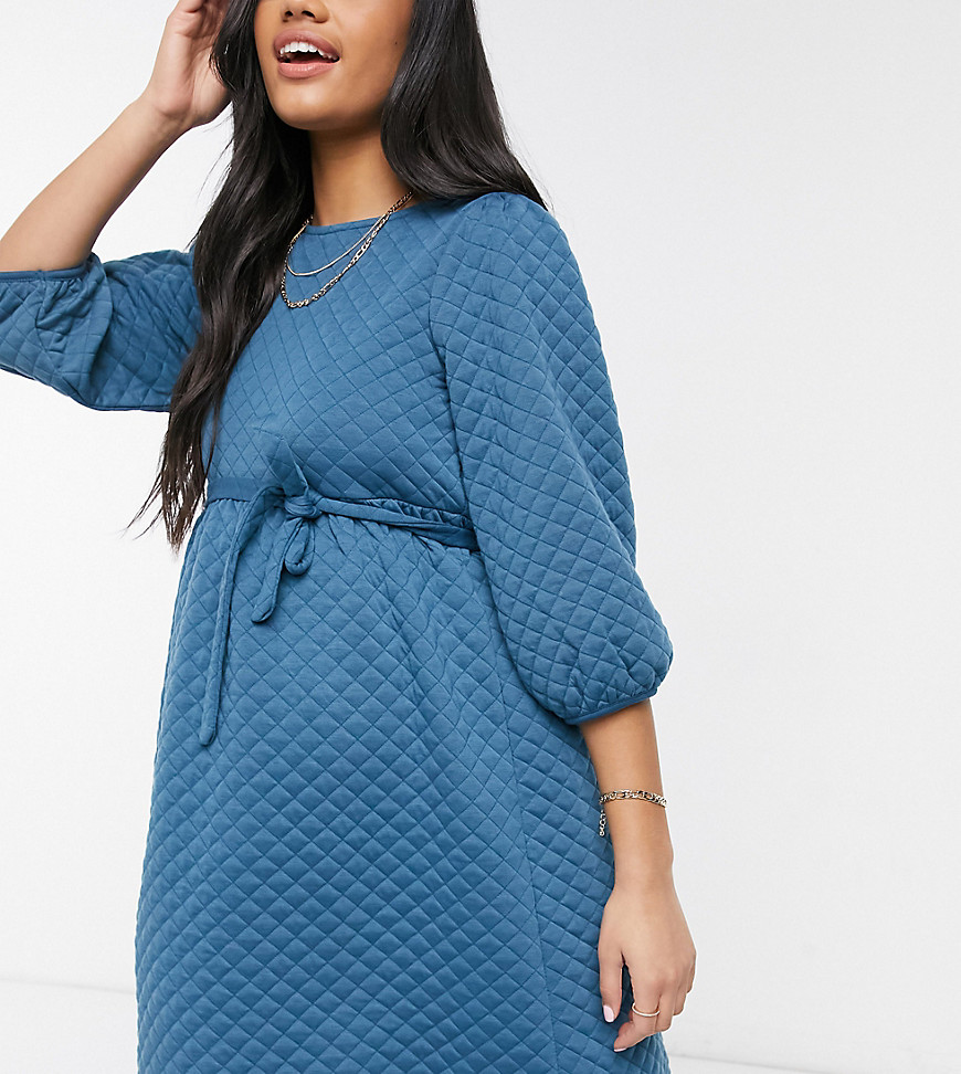 Mamalicious Maternity smock dress with puff sleeve and quilting detail in blue