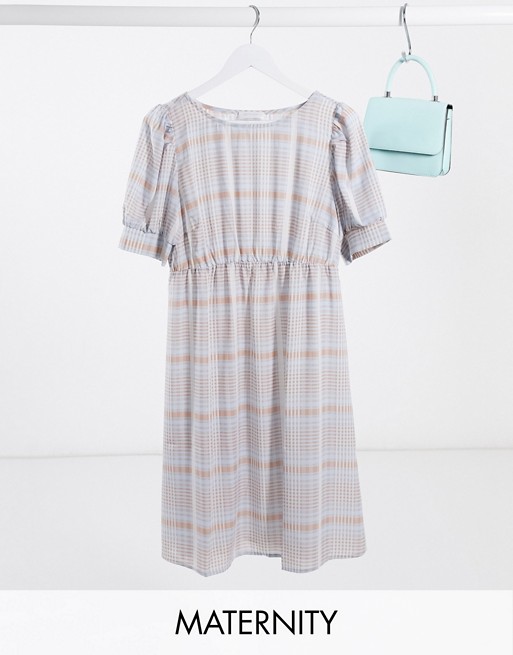 Mamalicious Maternity smock dress with puff sleeves in blue check