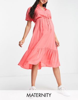 Mamalicious Maternity smock shirt dress with over the bump tie in pink