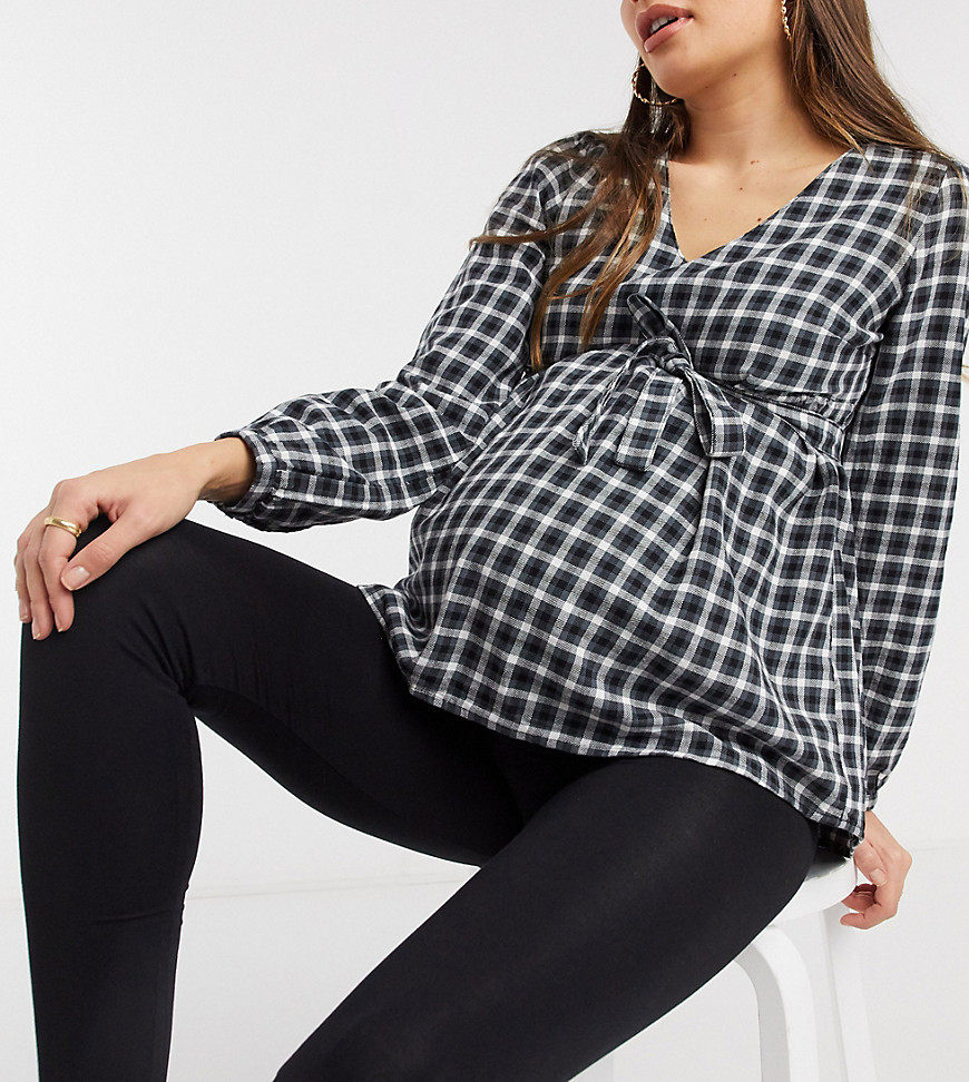 Mamalicious Maternity smock top with removable tie waist in black check-Multi