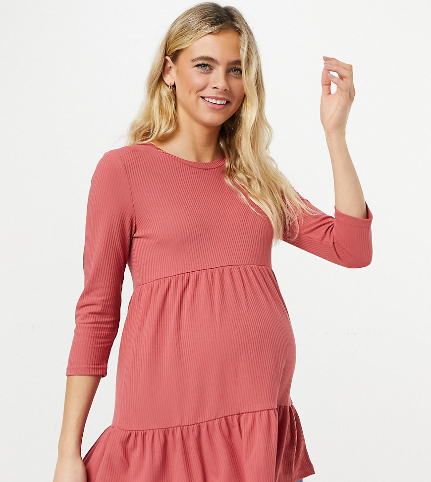 Mamalicious Maternity smock top with ruffle hem in pink