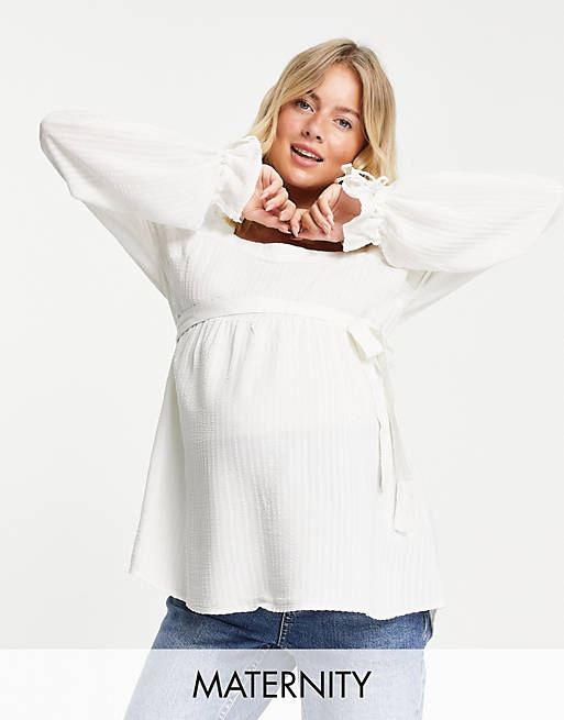 Mamalicious Maternity smock top with square neck and over the bump tie in white