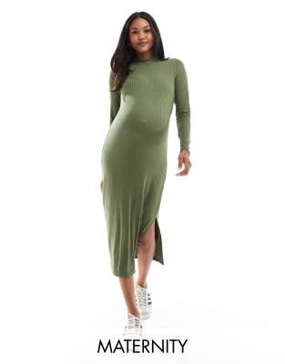 Shop Mama.licious Mamalicious Maternity soft high neck ribbed long sleeved midi dress in khaki Online – Trendy & Affordable Fashion