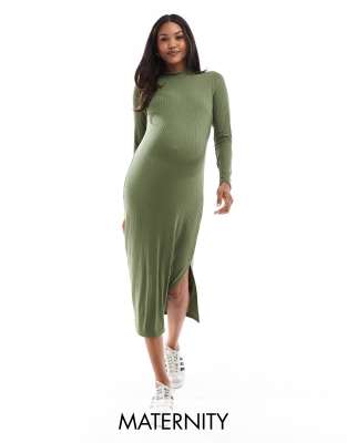 Mamalicious Maternity soft high neck ribbed long sleeved midi dress in khaki-Green