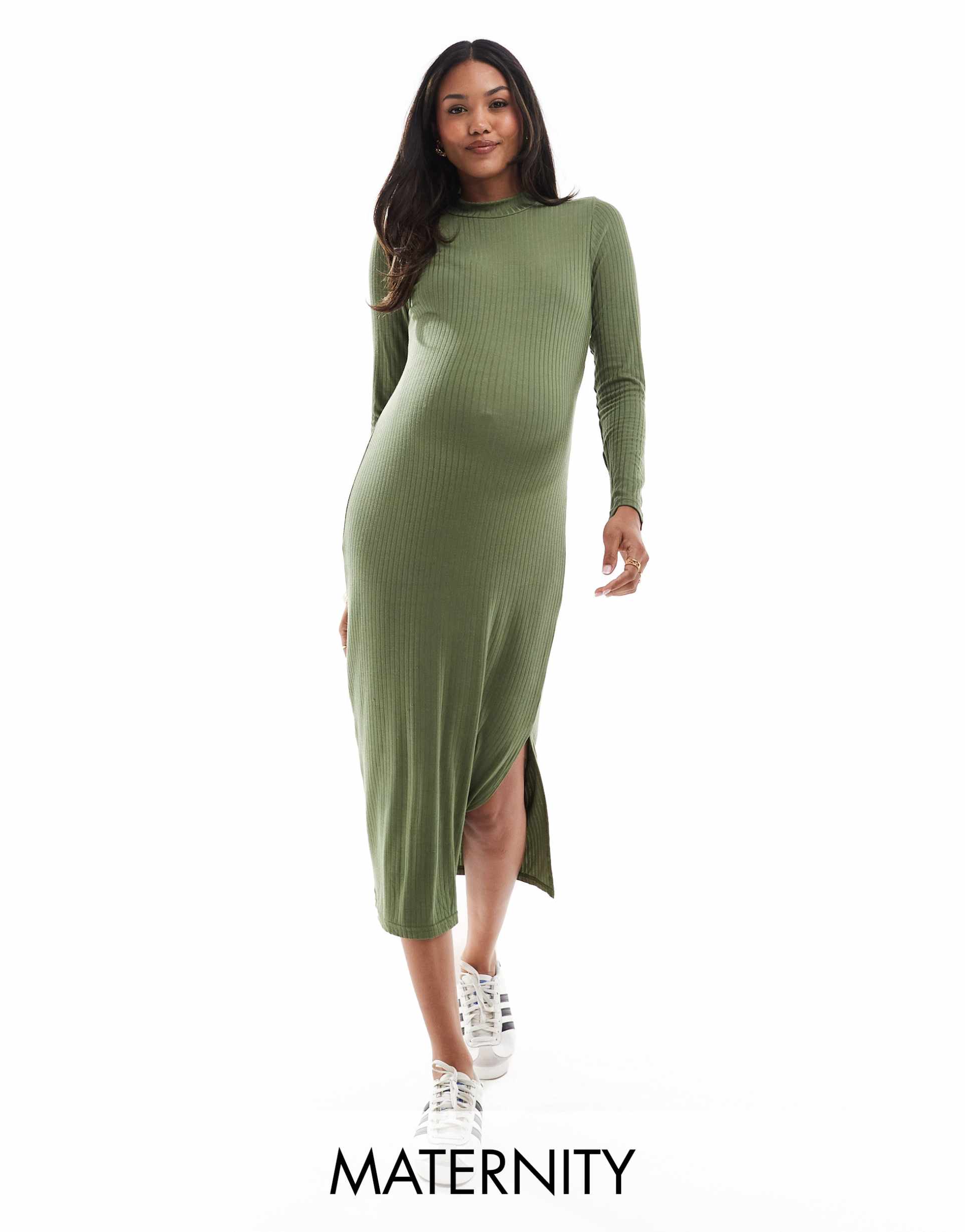 mamalicious maternity soft high neck ribbed long sleeved midi dress in khaki