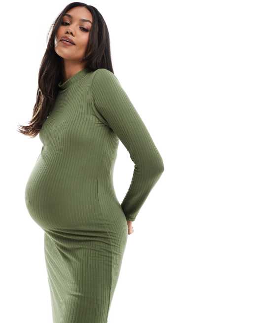 Mamalicious Maternity soft high neck ribbed long sleeved midi dress in  khaki | ASOS