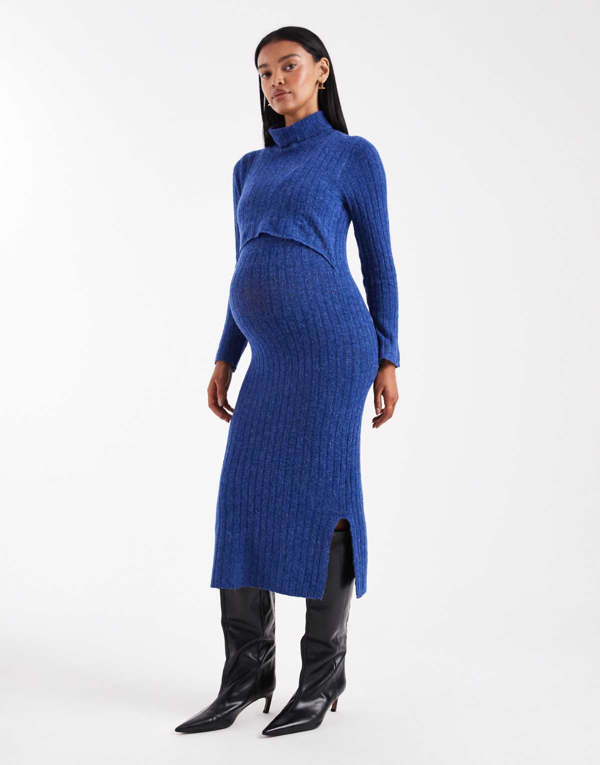 Mamalicious Maternity soft knitted rib midi dress with nursing function in blue melange