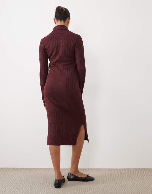 Mamalicious Maternity soft knitted rib midi dress with nursing function in burgundy melange, 3 of 4