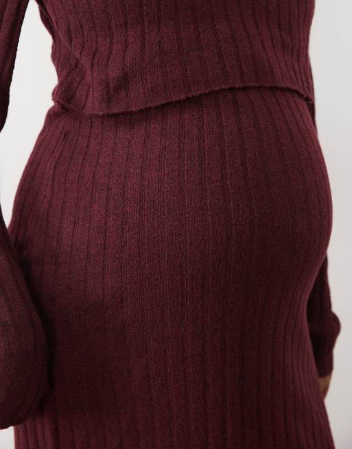 Mamalicious Maternity soft knitted rib midi dress with nursing function in burgundy melange, 4 of 4