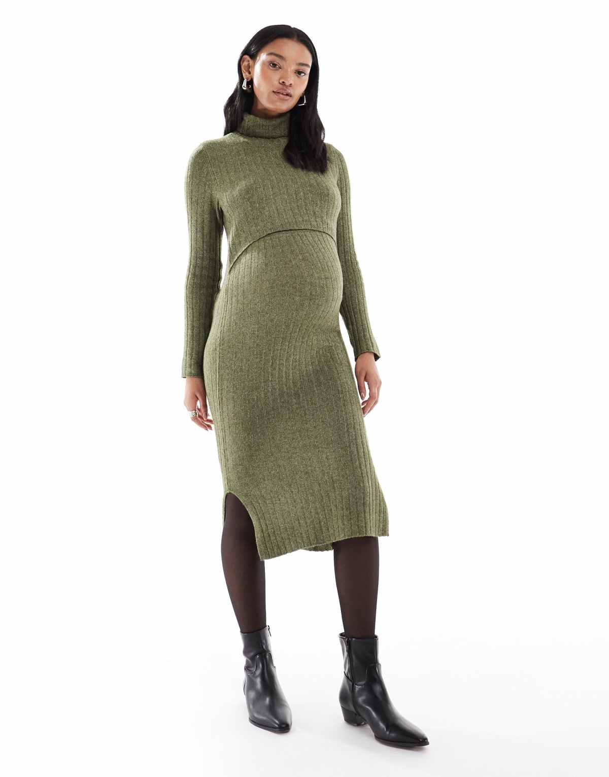Mamalicious Maternity soft knitted rib midi dress with nursing function in khaki melange