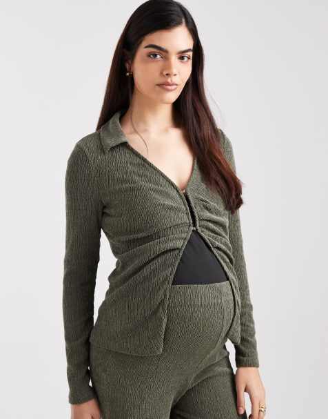 Mamalicious Maternity soft ribbed jersey top in khaki (part of a set) - view 1