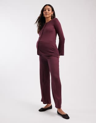 Mama.licious Mamalicious Maternity soft straight leg jersey trouser co-ord in burgundy-Red
