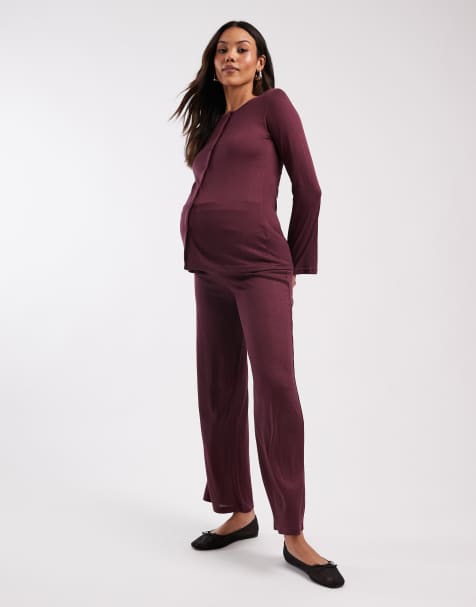 Mamalicious Maternity soft straight leg jersey trouser co-ord in burgundy - view 1