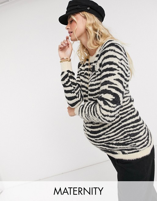 Mamalicious Maternity soft touch jumper with crew neck in zebra