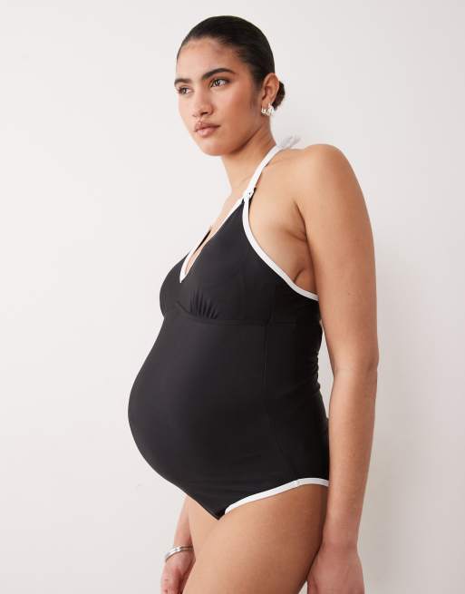 Mamalicious Maternity - Sort badedragt med kontrasterende halterneck med bindebånd og ammefunktion med klips, 3 af 4