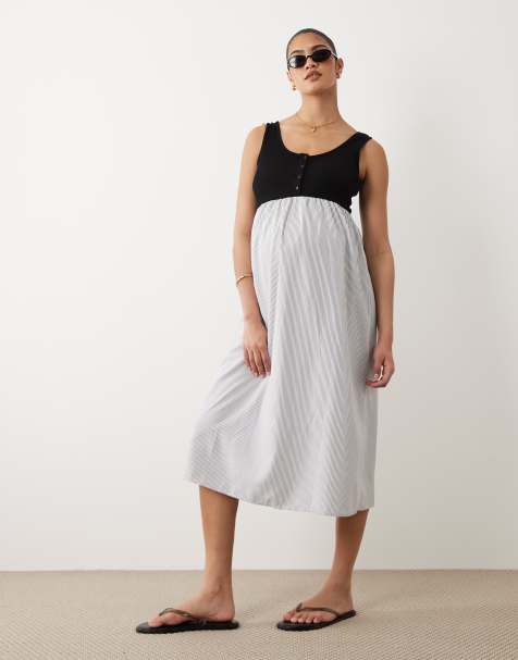 Mamalicious Maternity - Sort/hvid ærmeløs midikjole med stribet kontrastskørt - view 1