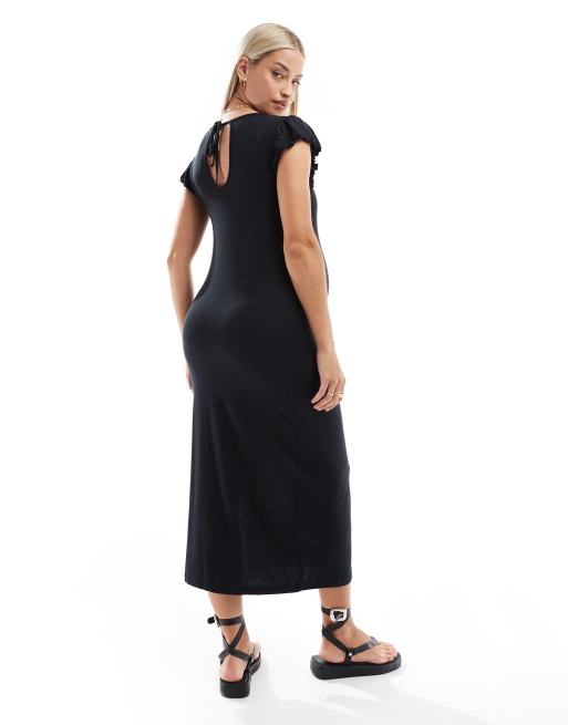 Mamalicious Maternity - Sort midikjole i jersey med flæsedetaljer, 4 af 4