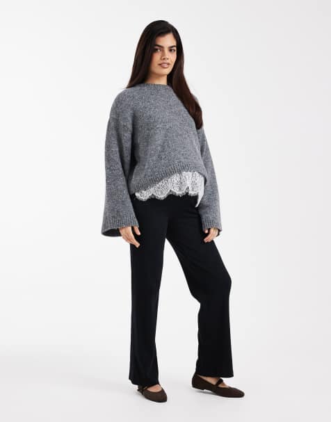 Mamalicious Maternity - Sorte bukser med vide ben i kraftig ribstrik - view 1