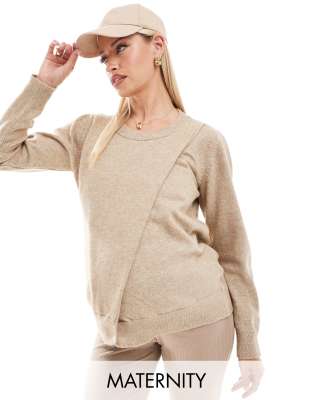 Mama.licious Mamalicious maternity split front jumper with nursing functionality in beige-Neutral