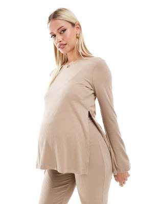 Mama.licious Mamalicious Maternity split seam top co-ord in beige-Neutral