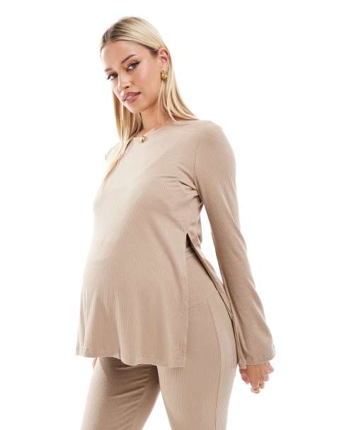Mamalicious Maternity split seam top co-ord in beige - view 1