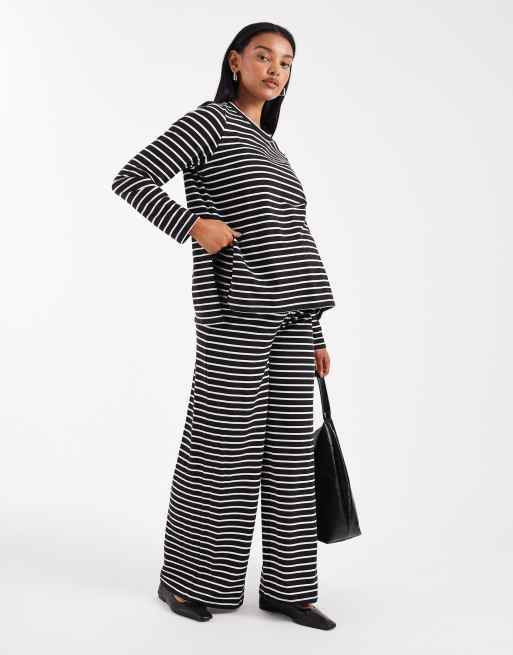 Mamalicious Maternity – Spodnie z szerokimi nogawkami, z miękkiego dżerseju w czarno-białe paski, część zestawu