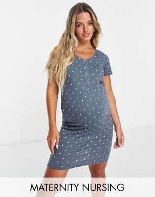 Mamalicious Maternity star print nightdress with nursing function in charcoal grey