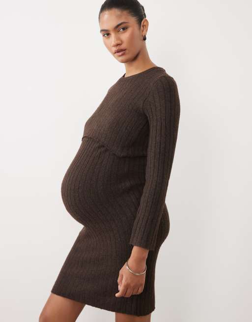 Mamalicious Maternity stickad miniklänning med långa ärmar i chokladbrun, 3 av 4