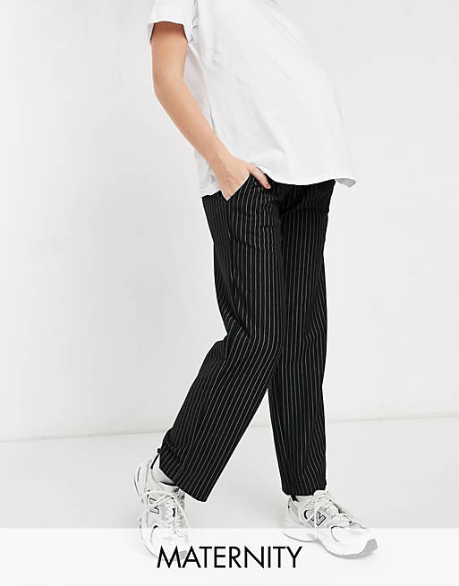 Mamalicious Maternity straight leg jersey trousers in black pinstripe