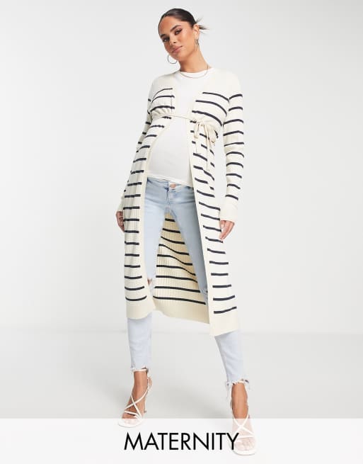 Mamalicious Maternity - Stribet longline slå-om-cardigan med bælte