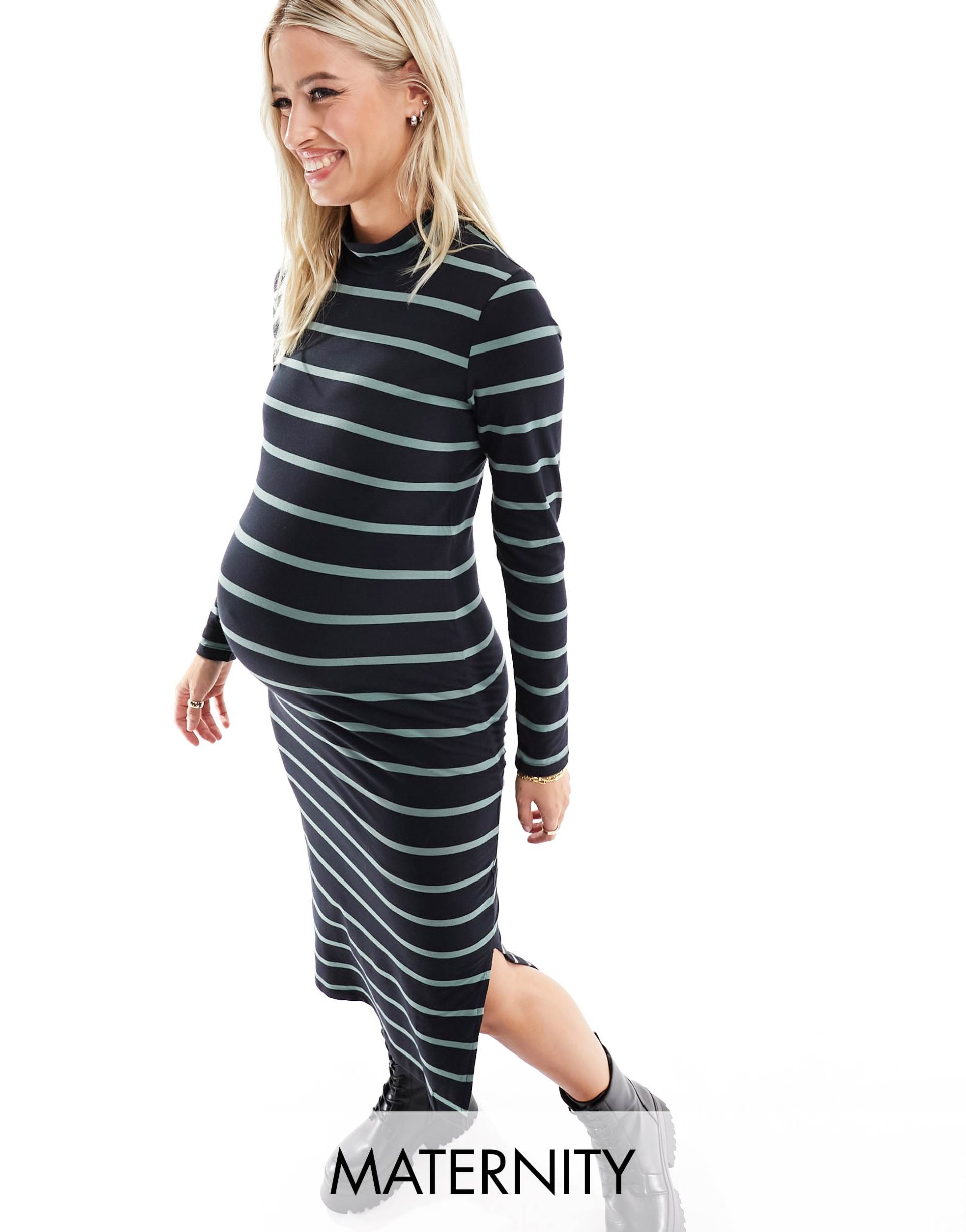 mamalicious maternity stripe midi dress in black and green