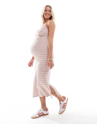 Mamalicious Maternity - Strukturiertes Jersey-Midikleid in Rosa mit sommerlichem Streifenmuster und gewickelter Vorderse...