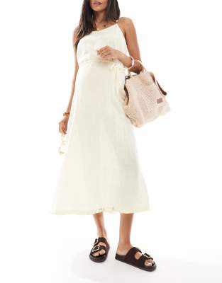 Mama. licious Maternity - Strukturiertes Midikleid in Blassgelb mit Riemchenträgern und Bindegürtel