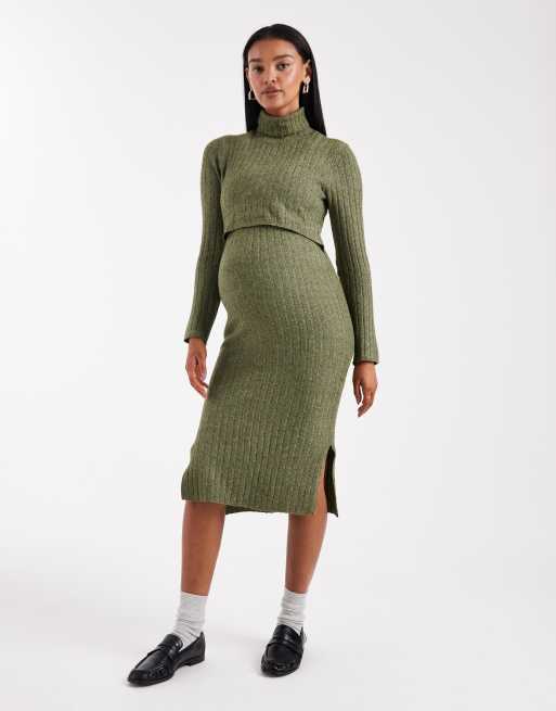 Mamalicious Maternity – Sukienka midi do karmienia z miękkiej dzianiny prążkowanej w kolorze melanżowym khaki