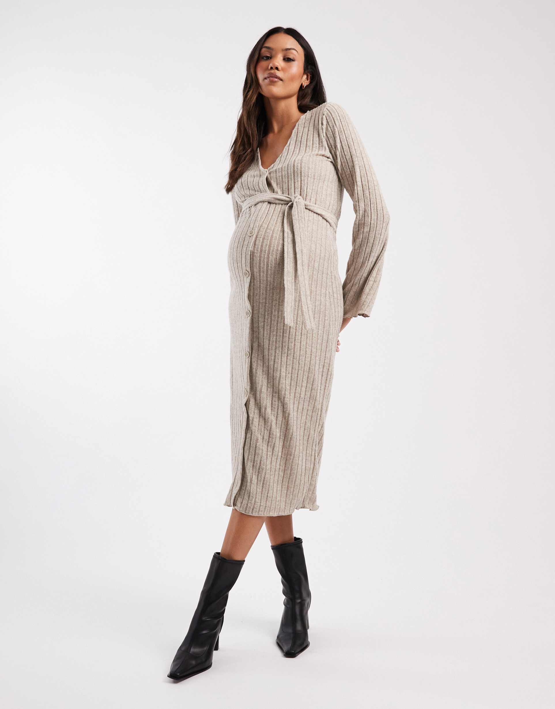 mamalicious maternity super soft rib knit tie waist midi dress in cream melange