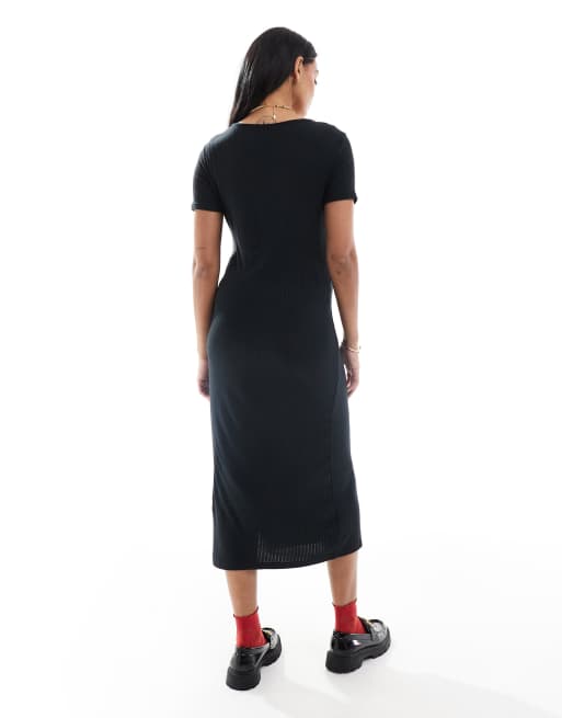 Mamalicious – Maternity – Svart, ribbad maxiklänning i jersey med korta ärmar, 4 av 4