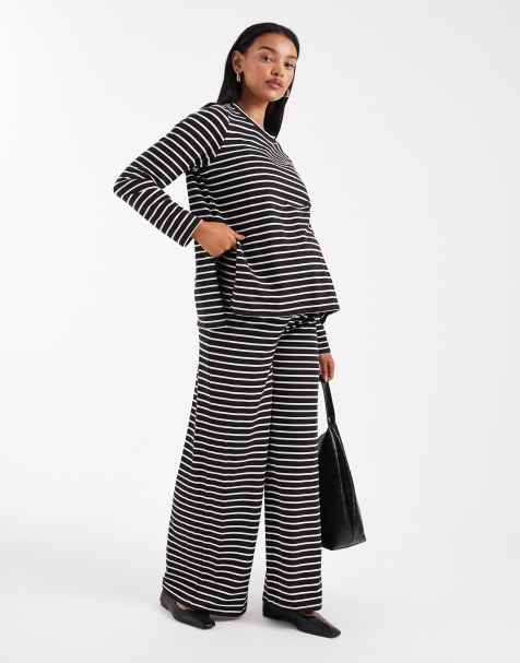 Mamalicious Maternity – Svartvita, randiga, mjuka byxor med vida ben i jersey, del av set - view 1