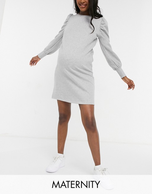 Mamalicious Maternity sweat dress with puff sleeves in grey