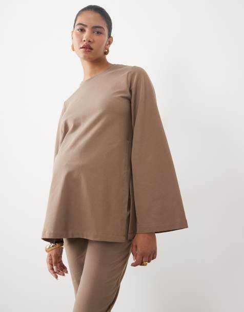 Mamalicious maternity sweat top co-ord with flared sleeve in light brown - view 1