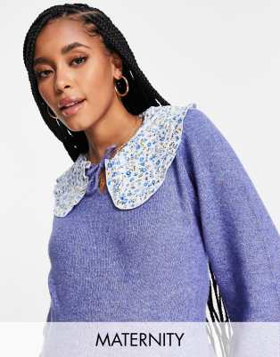 Mamalicious Maternity sweater with floral prairie collar in blue-Blues