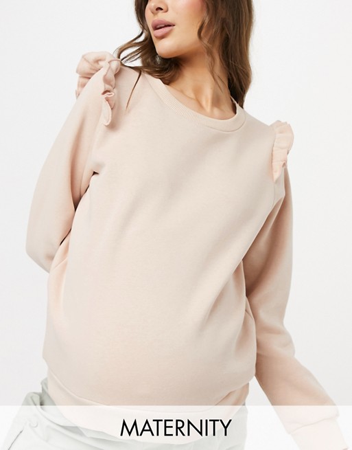 Mamalicious Maternity sweatshirt with frill shoulder detail in light pink