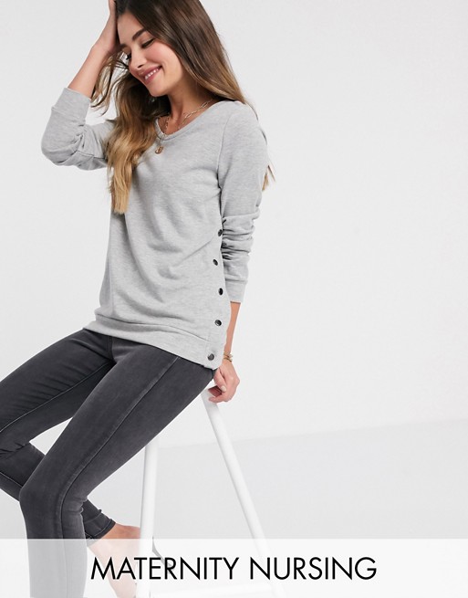 Mamalicious Maternity sweatshirt with popper side detail and nursing function in grey